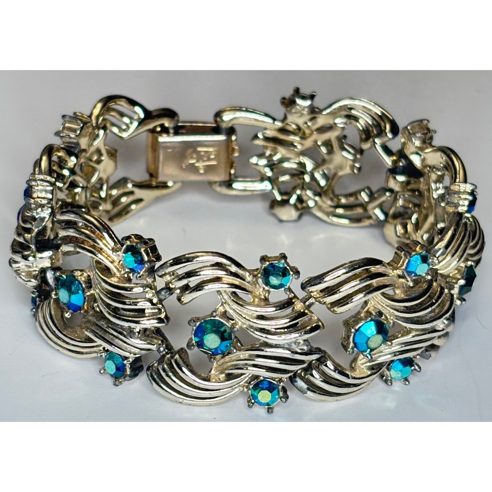 Vintage 1950s Coro Pegasus Link Bracelet Rhinestone Aurora Borealis Silver Tone